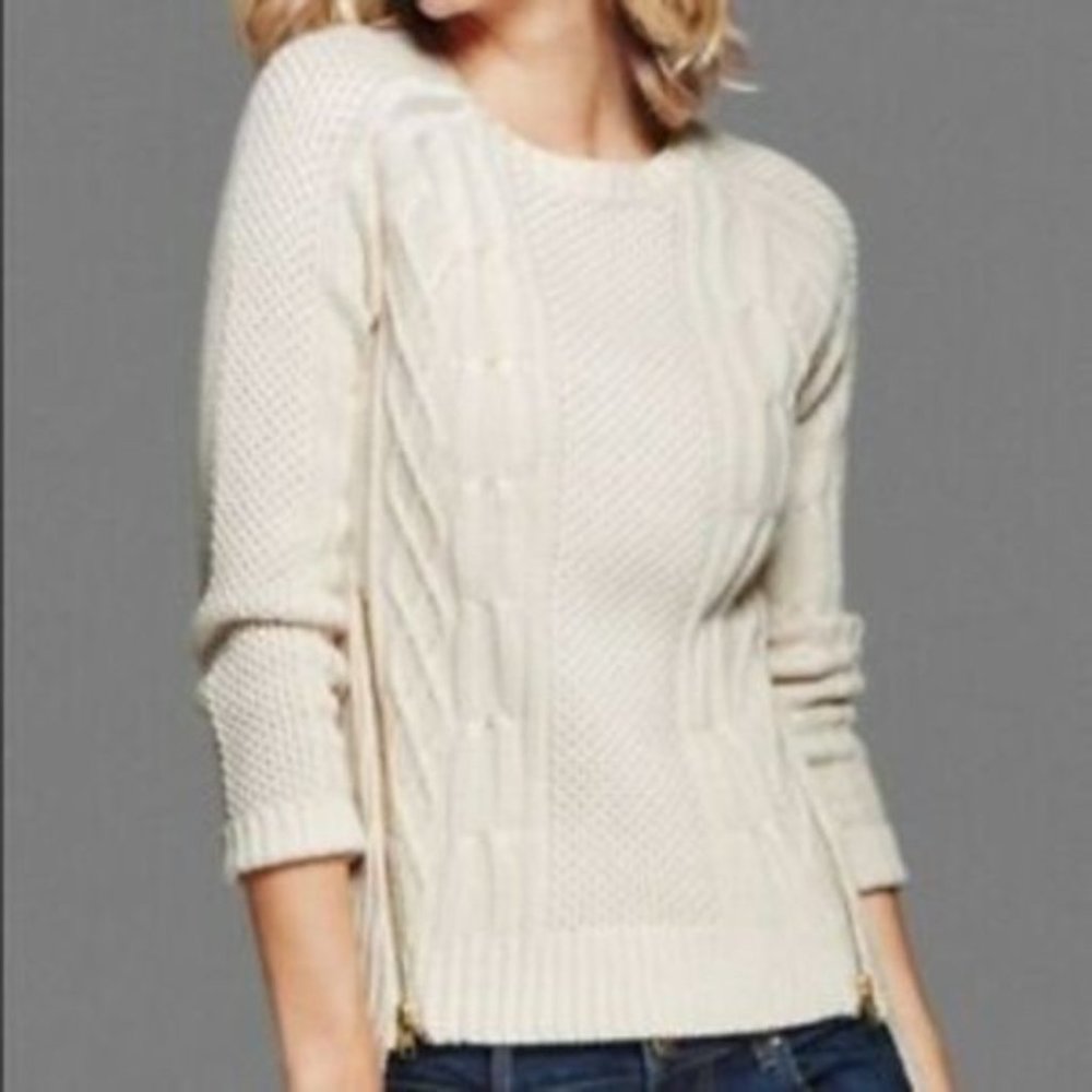 CAbi Chunky Double Zip Pullover Cable Knit Sweater